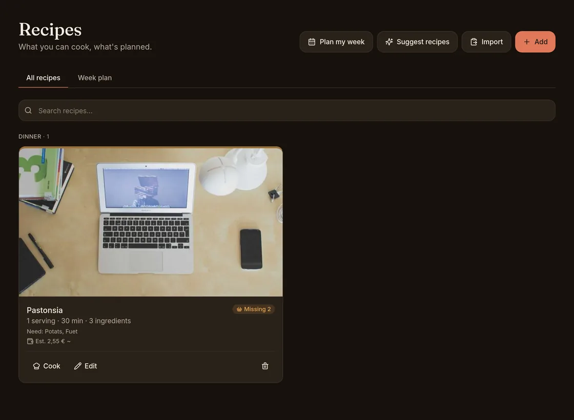 Recipes screen